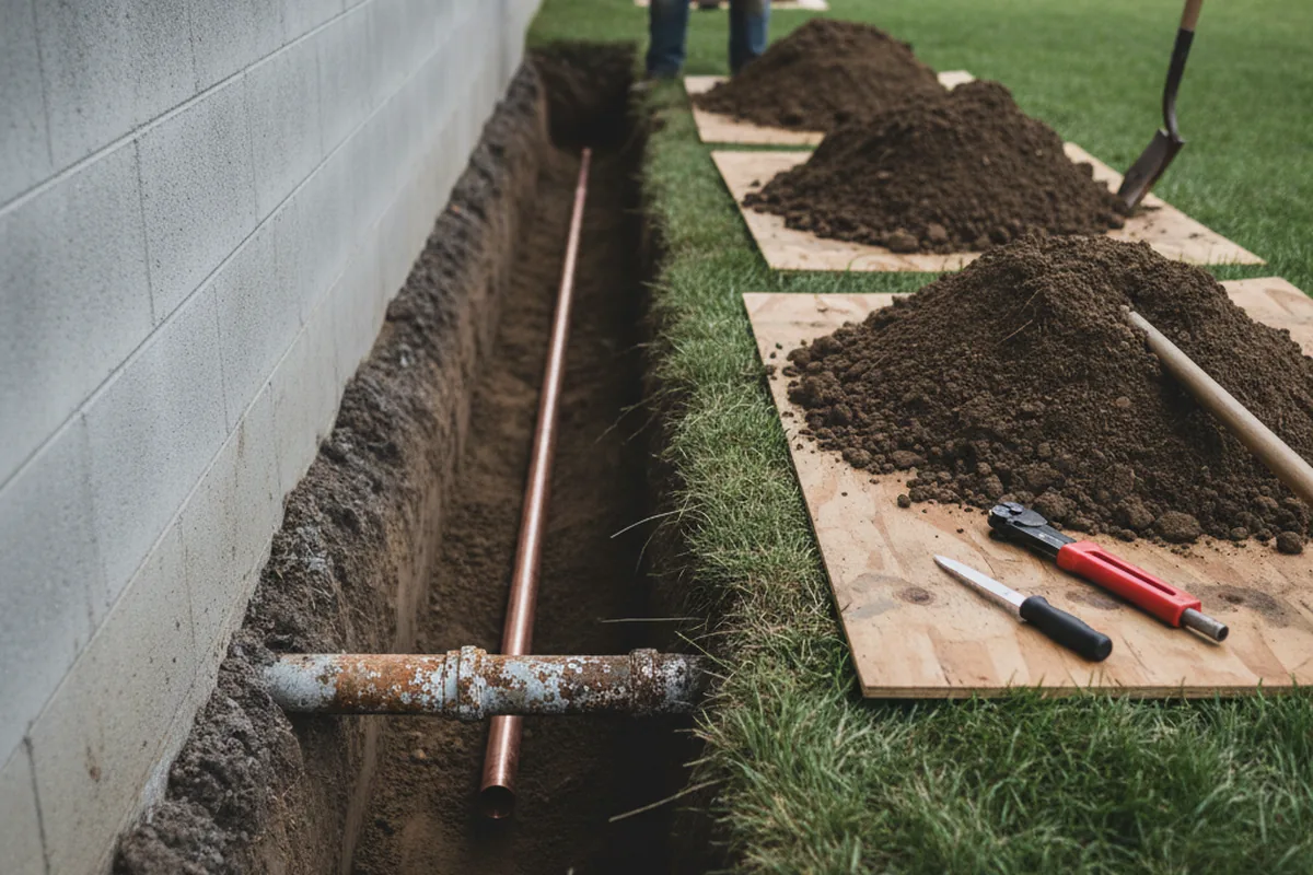 Excavated water line trench during Water Heater Repair in Waverly